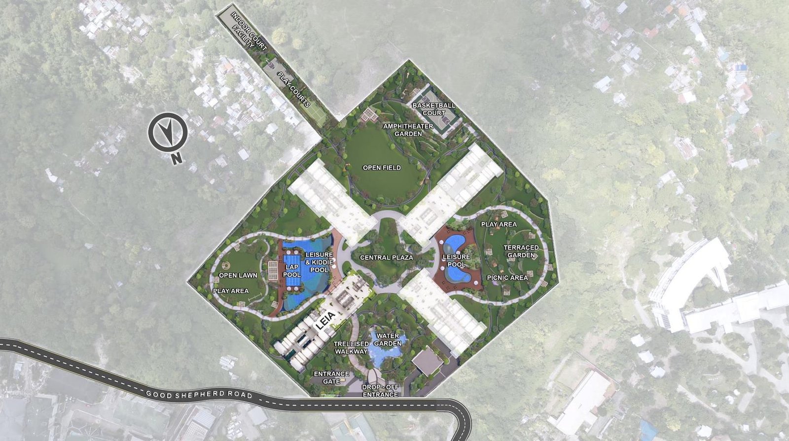 Site development plan of Kalea Heights showing the four amenity districts